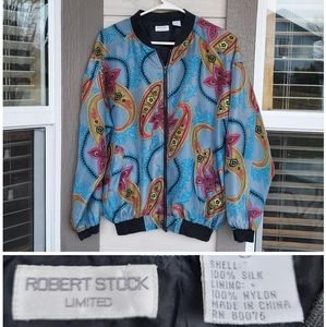 Vintage Robert Stock Men's Blue Parsley Design Light Men's Silk Jacket Size M